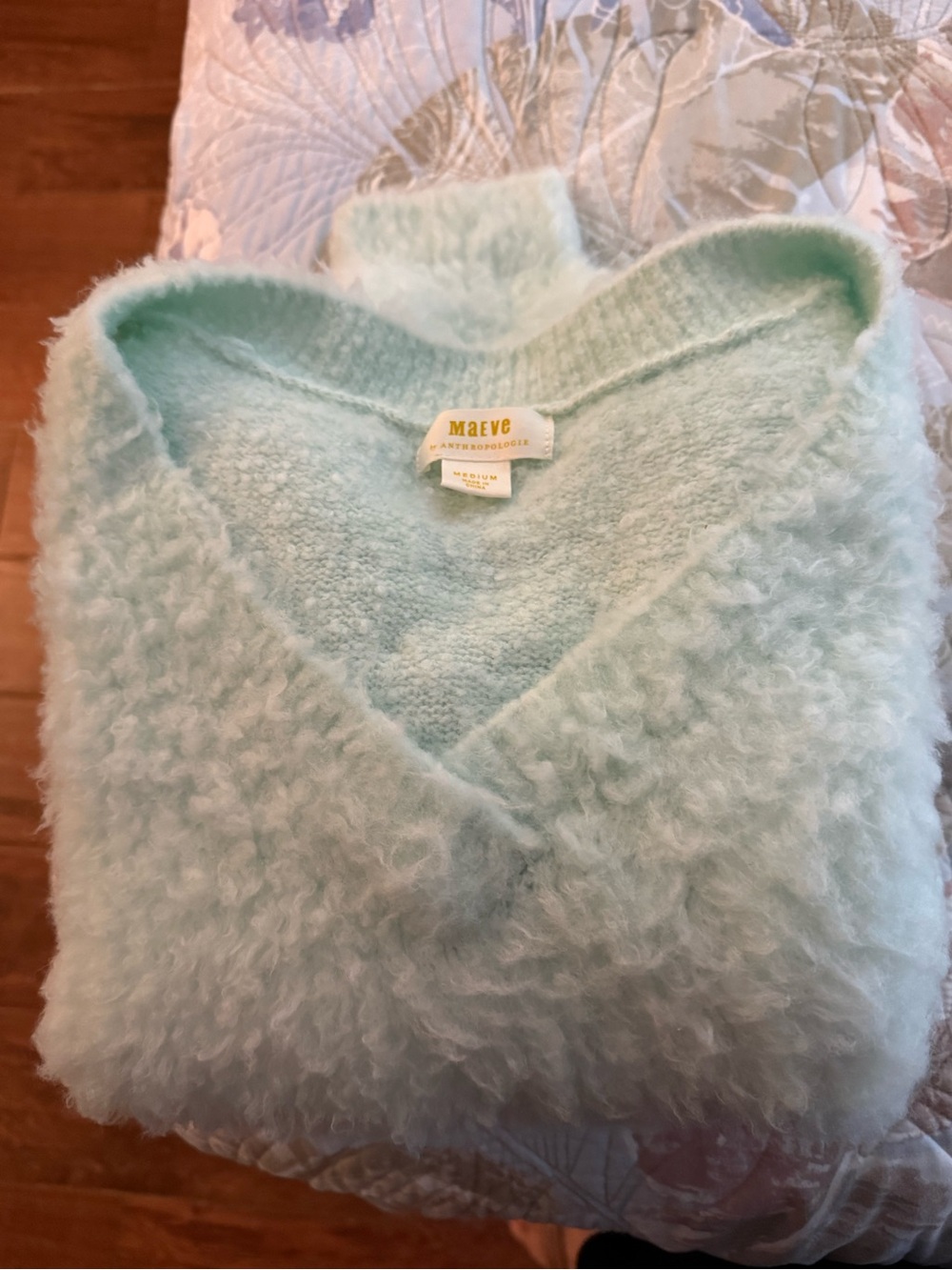 Anthropologie Maeve Fuzzy V-Neck Sweater in Pale Aqua